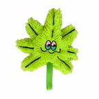 Vista frontal del juguete de peluche Herb de Verný sobre fondo blanco, destacando su diseño de hoja de siete puntas con textura de felpa y su asa inferior para halar.