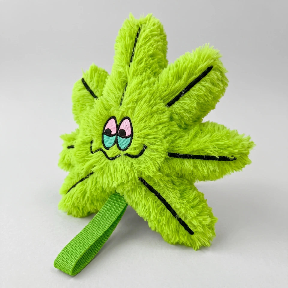 Juguete de peluche para perros marca Verný con forma de hoja verde esponjosa. Tiene una cara sonriente con ojos semicerrados color rosa, líneas negras bordadas y una cinta verde resistente en la base