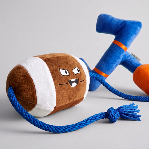 Juguete de peluche para perros marca Verný con temática de fútbol americano. Muestra un balón marrón con franjas blancas y una cara animada con expresión decidida, conectado por una gruesa cuerda azul a una portería de peluche azul con detalles naranjas.