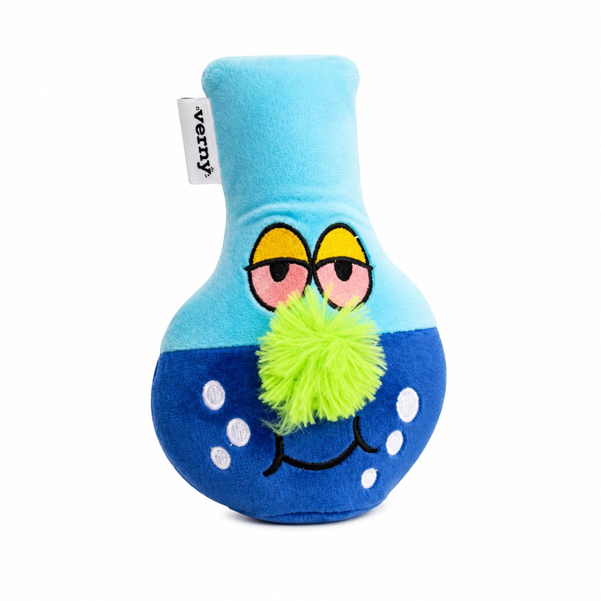 Juguete de peluche para perros marca Verný con forma de matraz de laboratorio azul. Tiene una cara divertida con ojos semicerrados, nariz de pompón verde y puntos blancos que simulan burbujas.