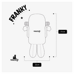 Esquema técnico en blanco y negro del juguete modelo Franky de Verný, mostrando la silueta del monstruo con flechas que indican dónde se toman las medidas de alto y ancho