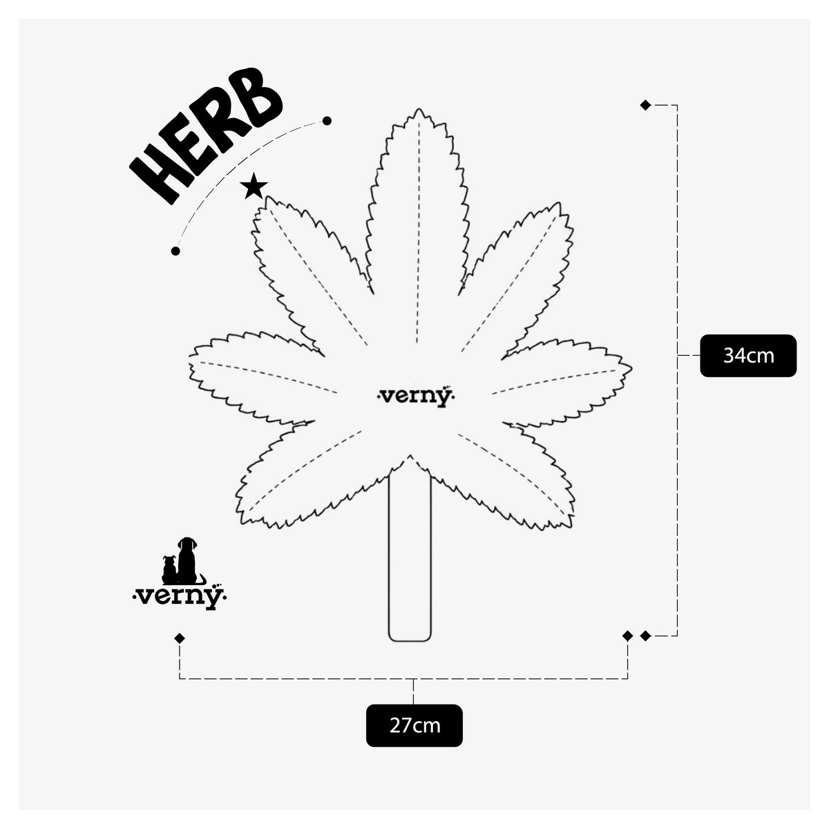Esquema técnico en blanco y negro del juguete modelo Herb de Verný, mostrando la silueta de la hoja con su asa inferior y flechas que indican dónde se toman las medidas de alto y ancho.