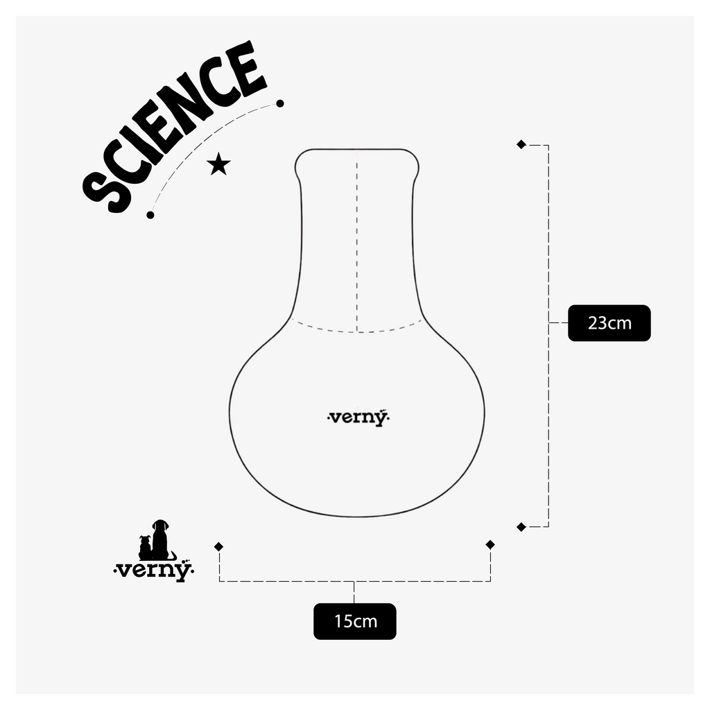 Esquema técnico en blanco y negro del juguete modelo Science de Verný, mostrando la silueta del matraz con flechas que indican dónde se toman las medidas de alto y ancho.