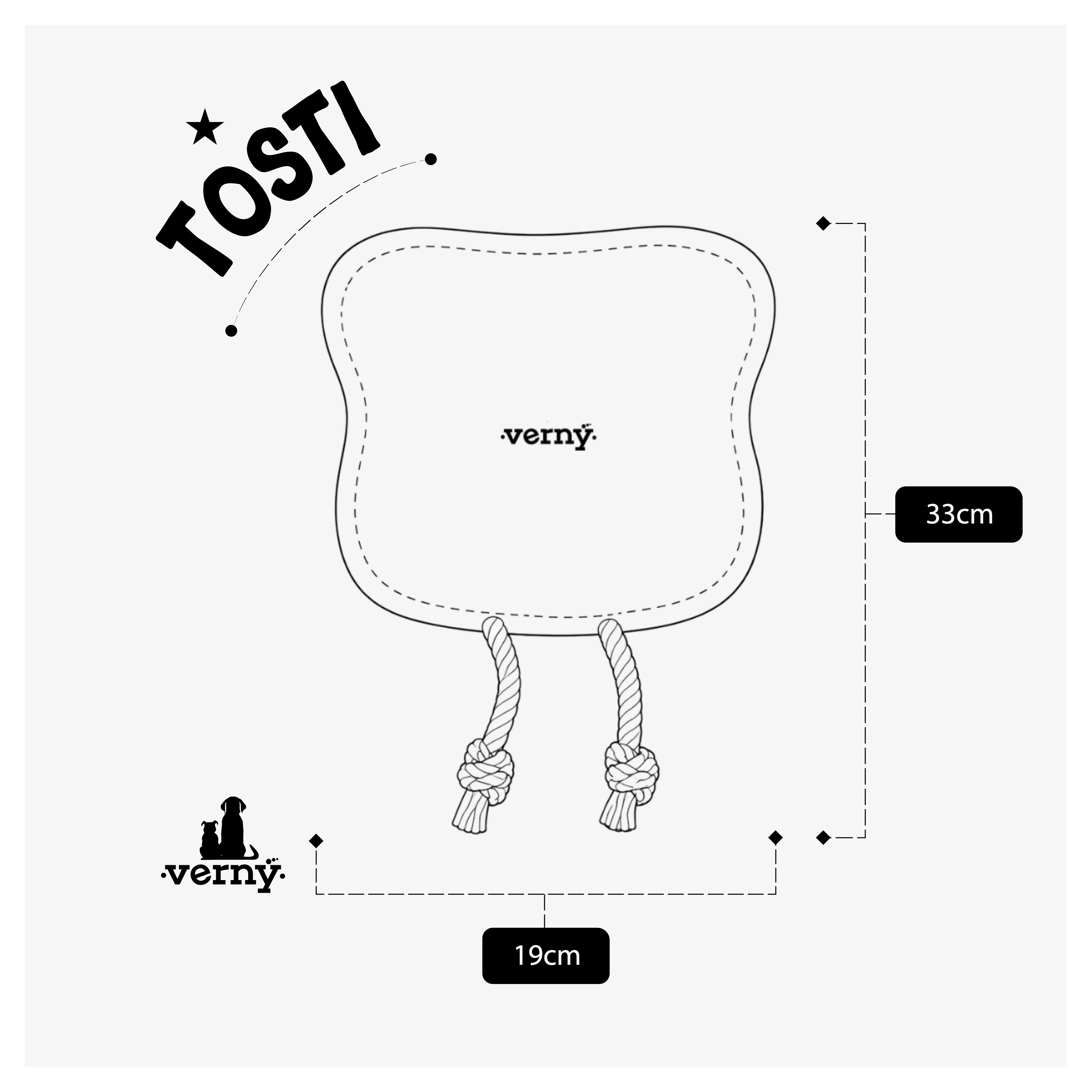 Esquema técnico en blanco y negro del juguete modelo Tosti de Verný, mostrando la silueta de la tostada con sus patas de cuerda y flechas que indican dónde se toman las medidas de alto y ancho
