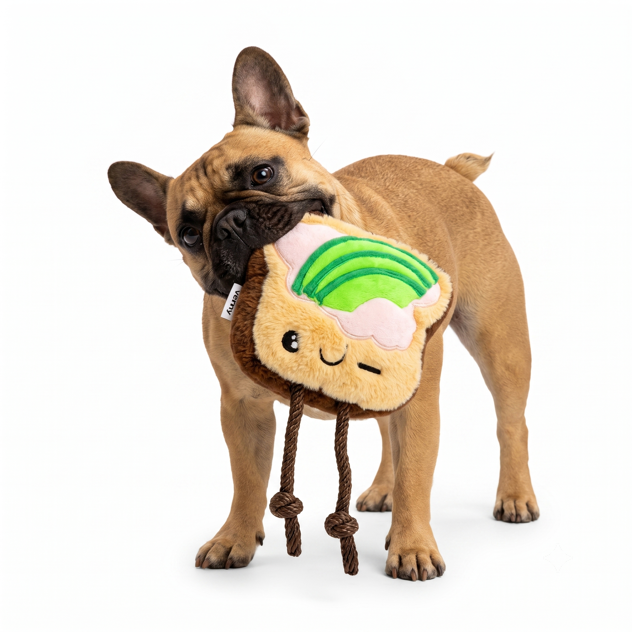 Un perro bulldog francés de color marrón claro de pie, sosteniendo el juguete de peluche Verný con forma de tostada y aguacate en su boca.